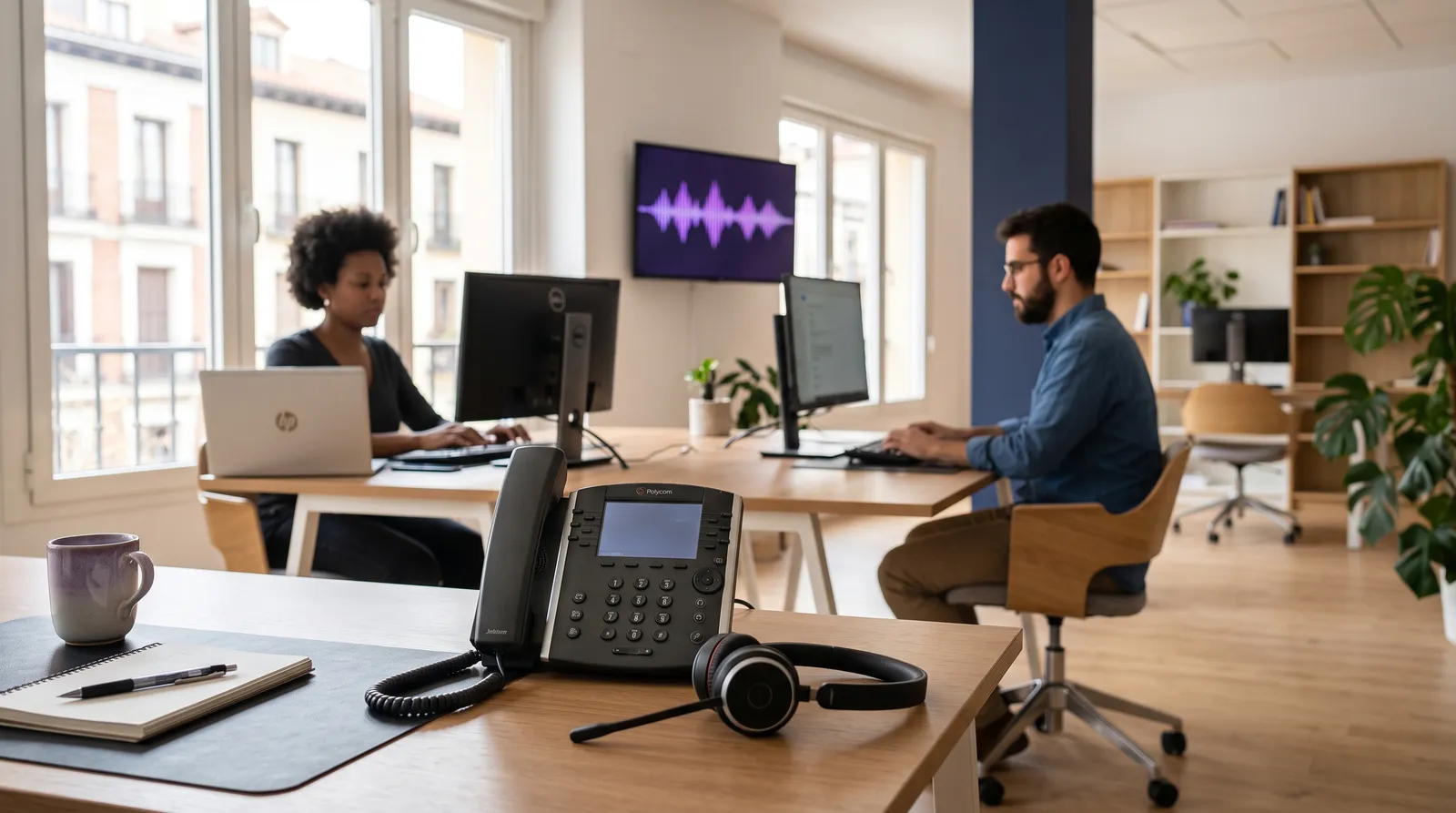 Oficina de una pyme con un teléfono de sobremesa y unos auriculares en primer plano