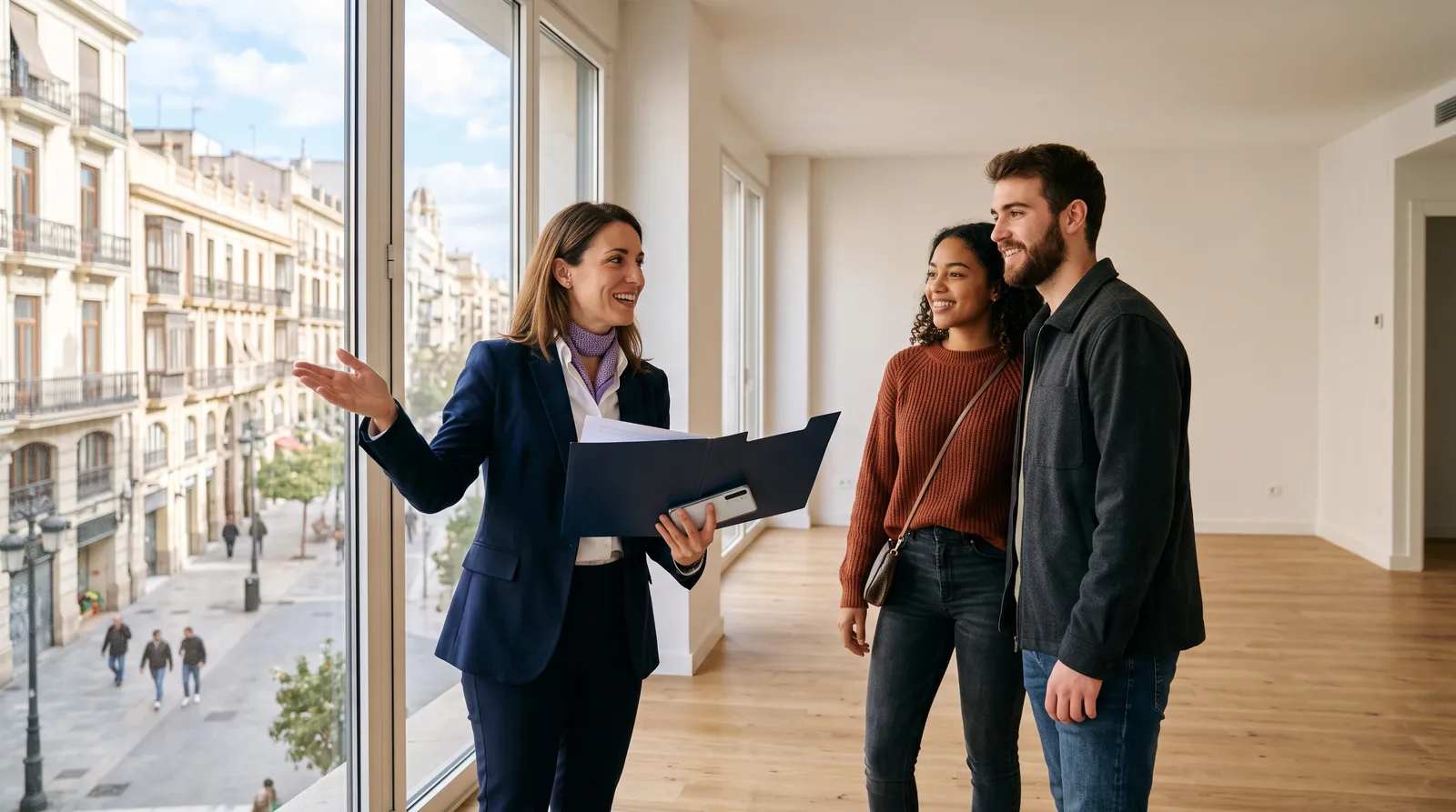 Una agente inmobiliaria enseña un piso a una pareja