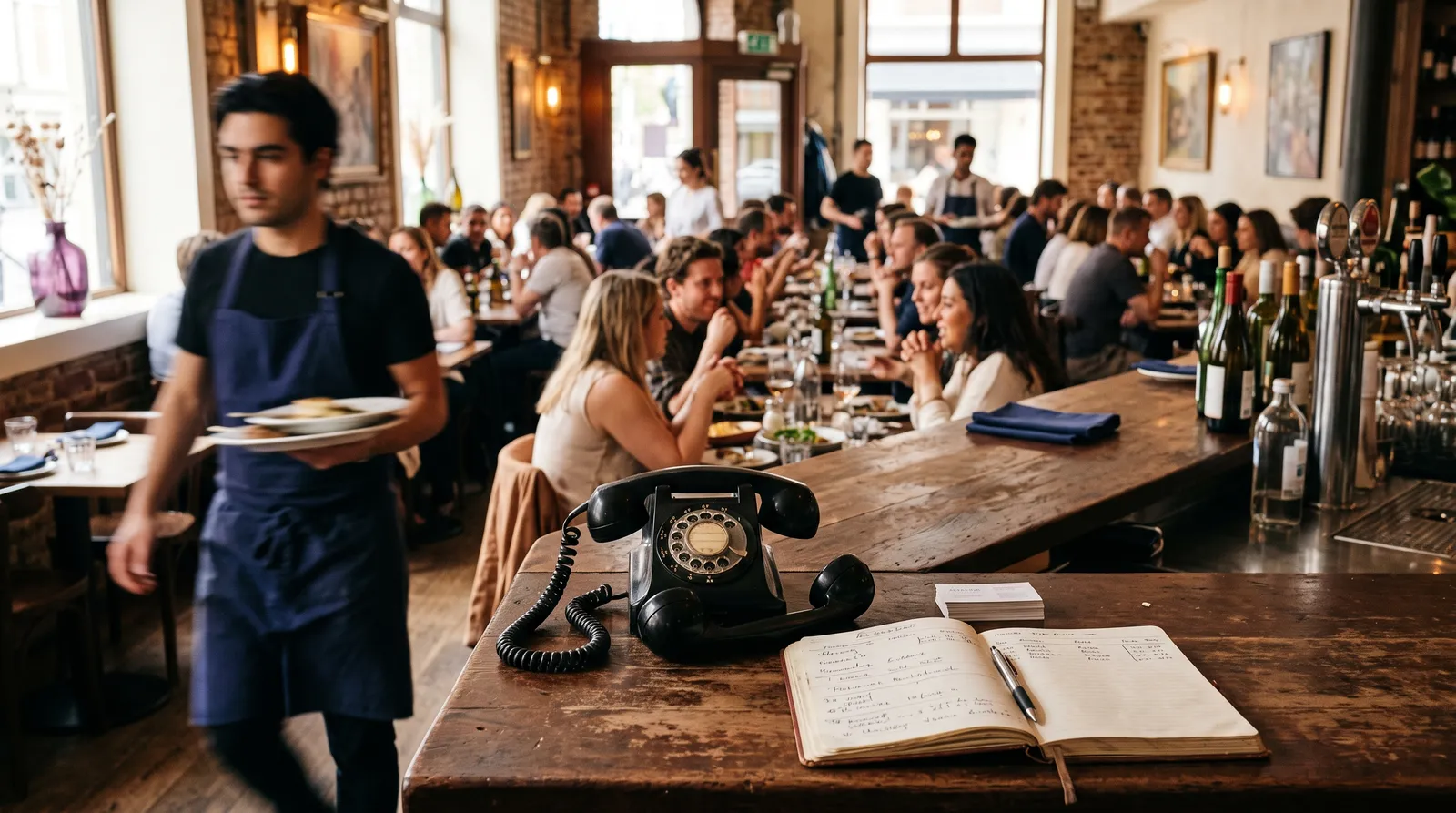Sala de un restaurante llena, con el teléfono y la libreta de reservas en la barra