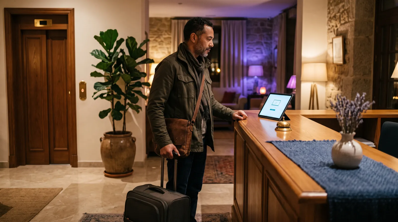 Un huésped llega de noche a la recepción vacía de un hotel