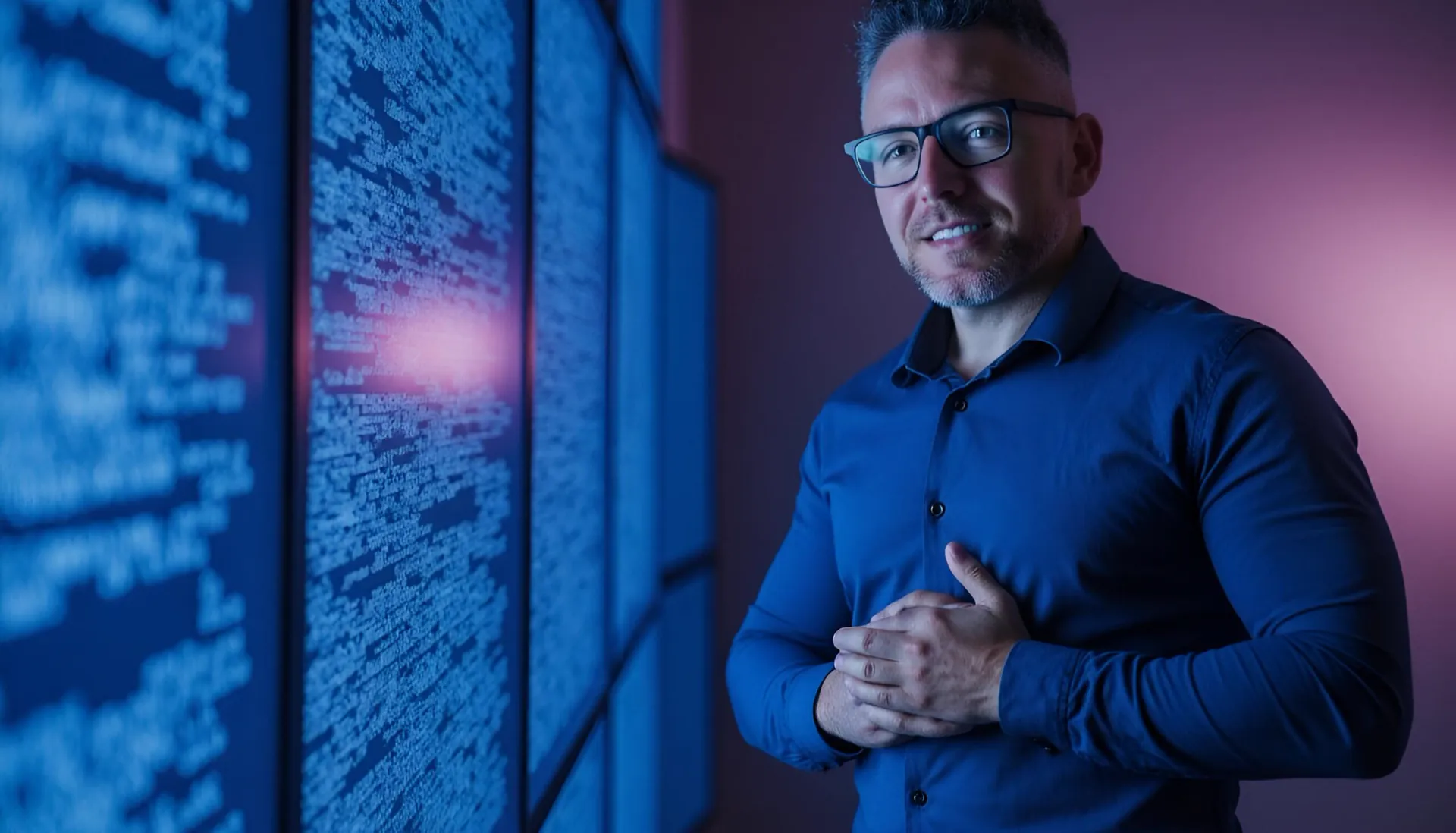 Rubén Bel sonriendo junto a una pared de pantallas