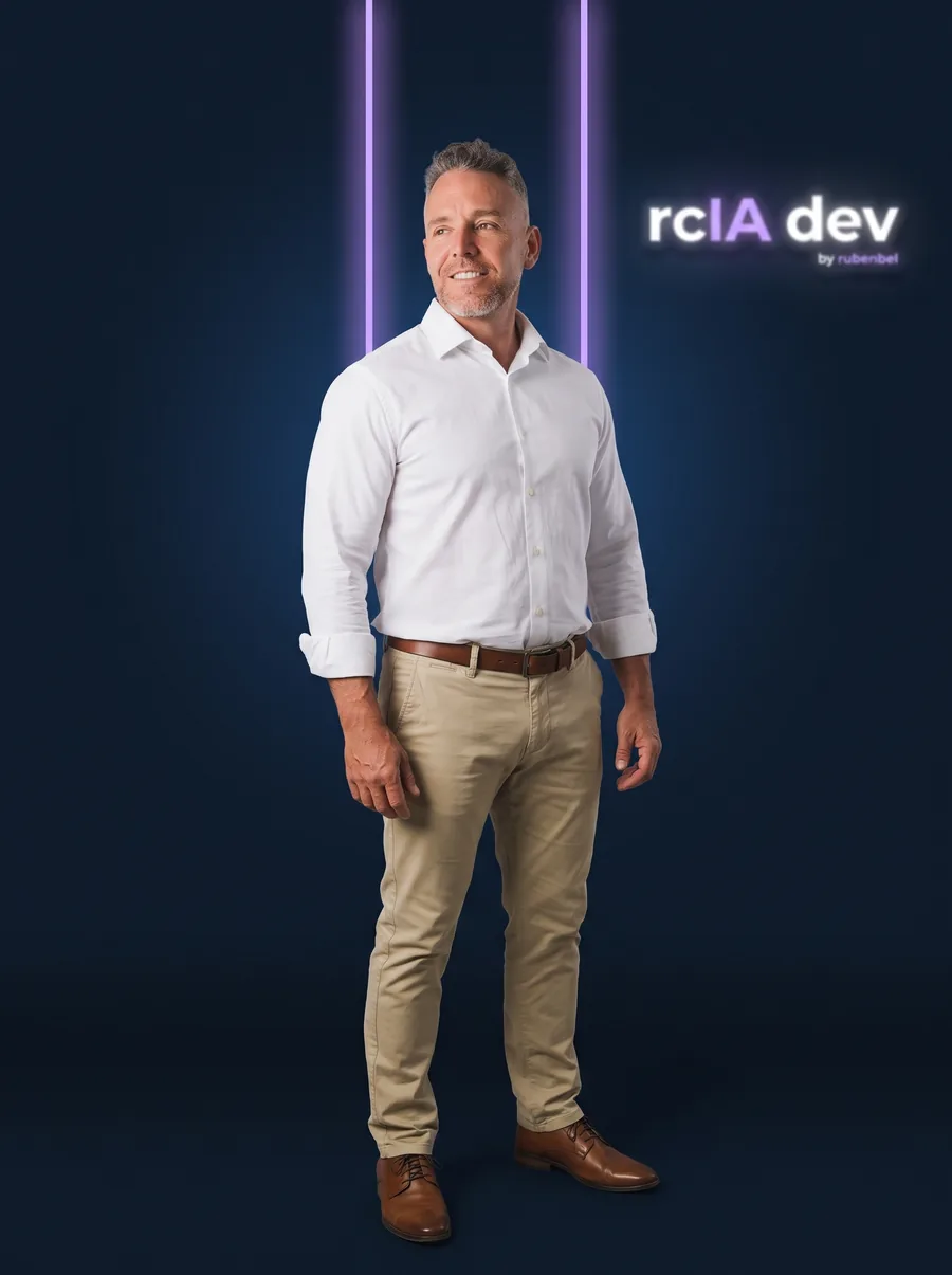 Rubén Bel, consultor de inteligencia artificial y fundador de rcIA dev, de pie delante del rótulo de rcIA dev