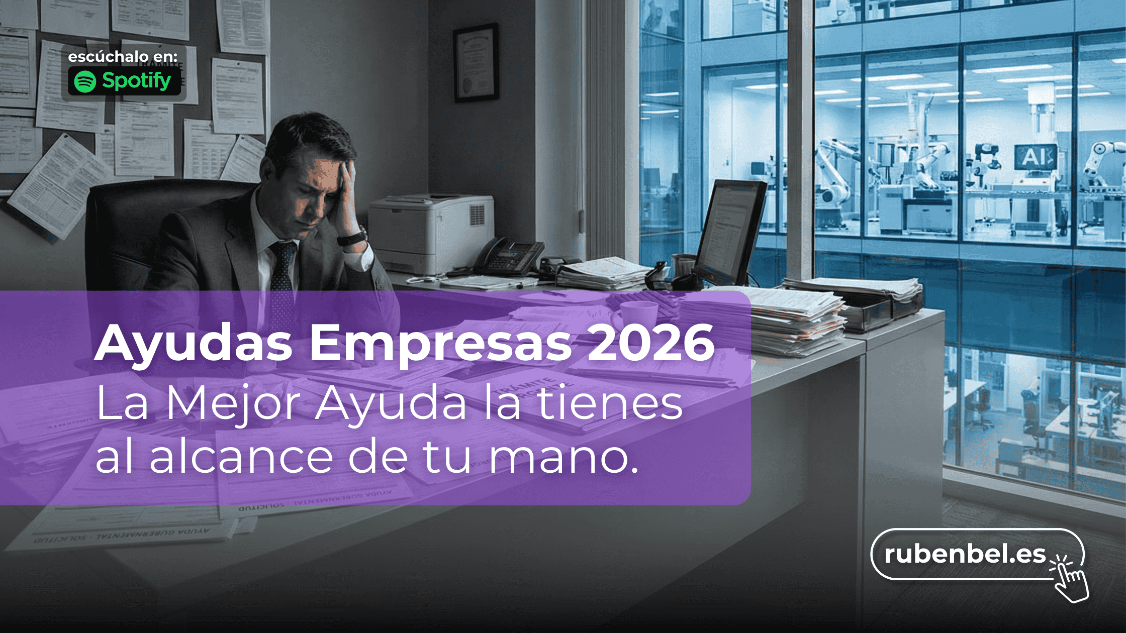 Empresario frustrado entre papeles de subvenciones mientras su competencia avanza con inteligencia artificial.